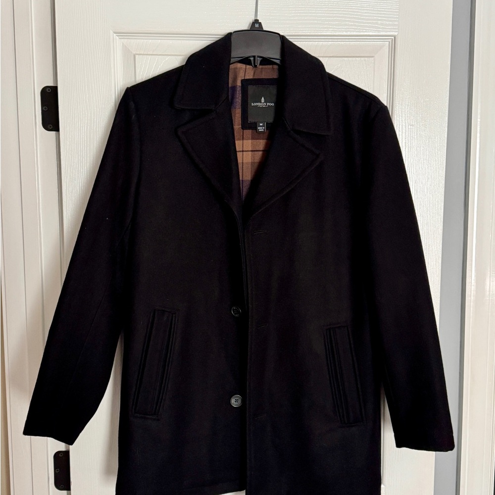 LONDON FOG MENS PEACOAT 60% WOOL COAT POCKETS BUTTON-UP BLACK SIZE M